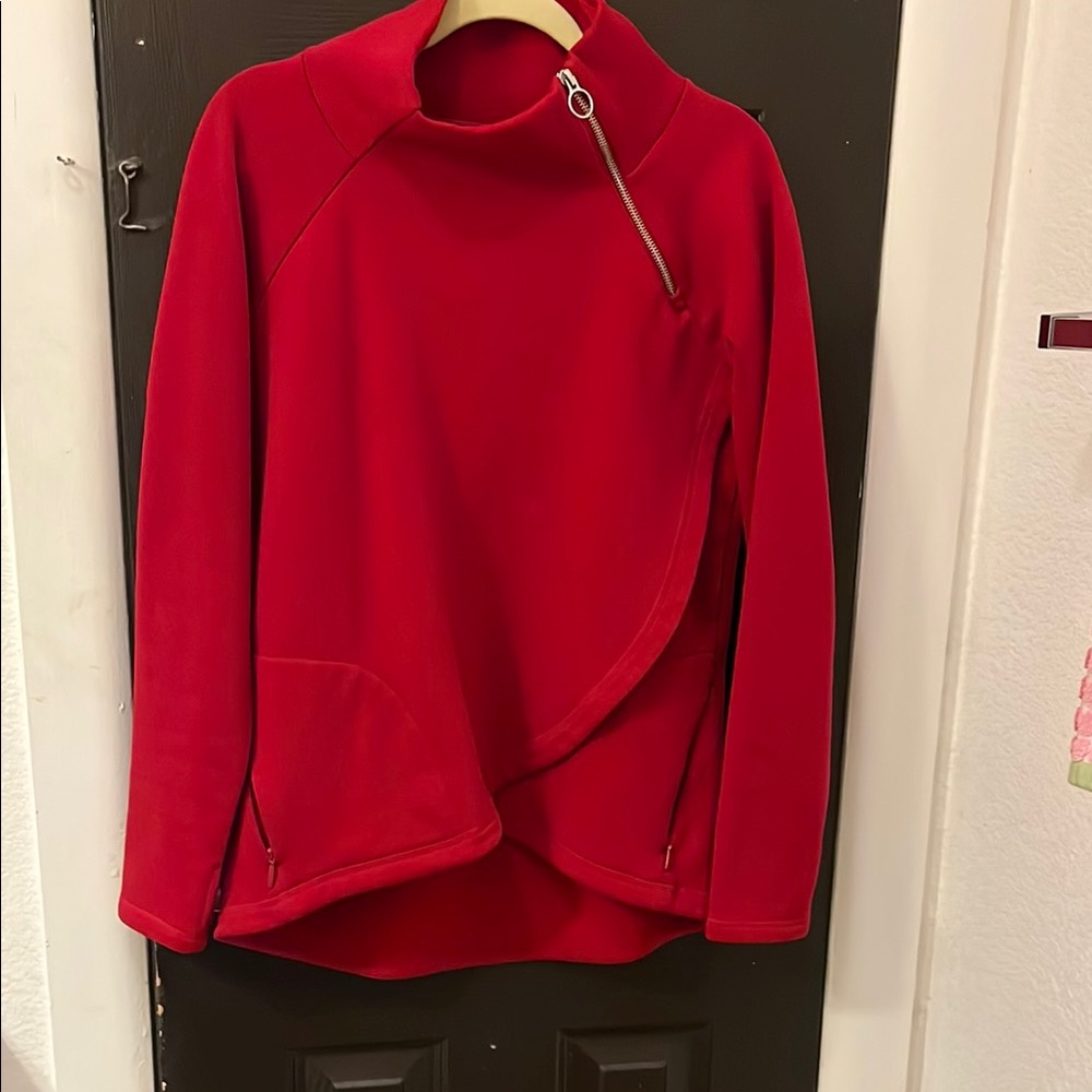 Athleta Red Cowl Neck Sweater with Asymmetrical Design and Fitted Silhouette